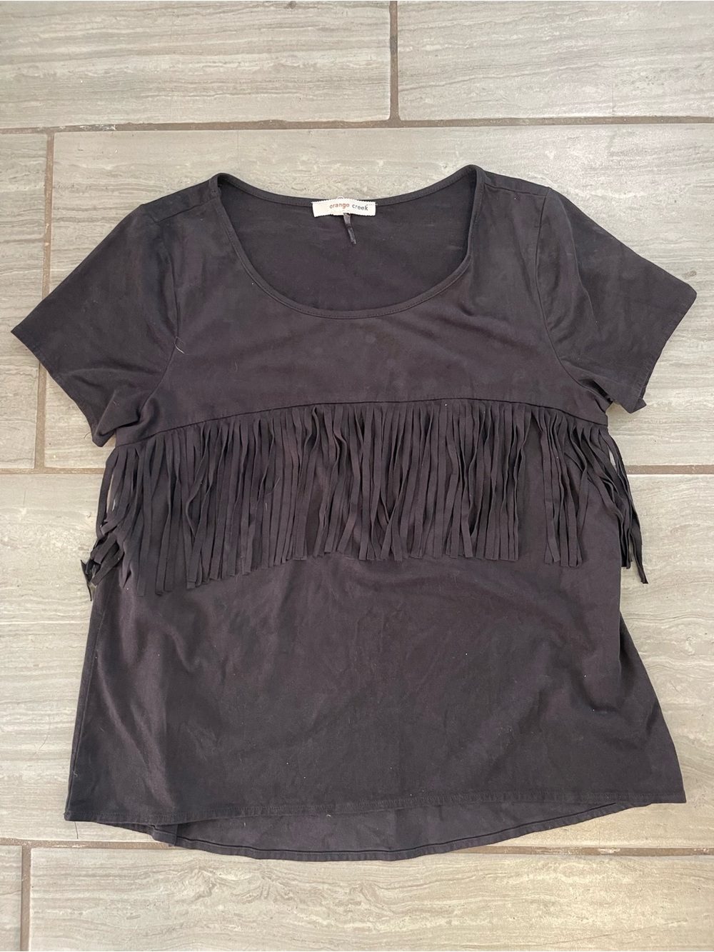 orange creek Black Short Sleeve Tee with Fringe